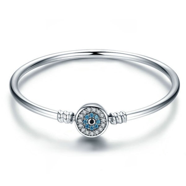 Solid 925 Sterling Silver Snap Clasp Blue Evil Eye Bangle Bracelet Fits Pandora Charms