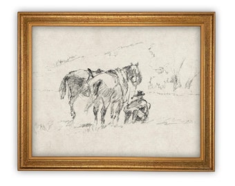 Framed Vintage Horse Sketch Art Print: Farmhouse Canvas