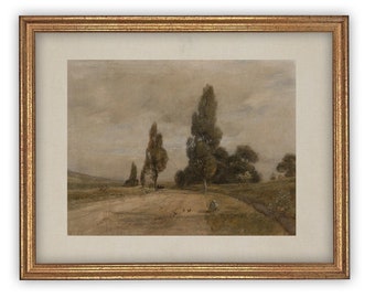 Vintage Framed Canvas Print: Muted Landscape, Farmhouse Art