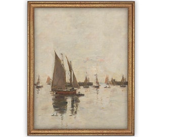 Vintage Sailboats Painting: Framed Canvas Print, Beach House Art
