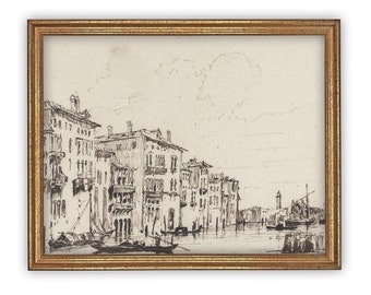 Vintage Framed Canvas Art  // Framed Vintage Print // Vintage Painting // Vintage Architecture and Canal Sketch// Cityscape print //#ARC-119