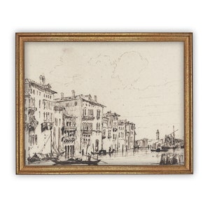 Vintage Framed Canvas Art  // Framed Vintage Print // Vintage Painting // Vintage Architecture and Canal Sketch// Cityscape print //#ARC-119