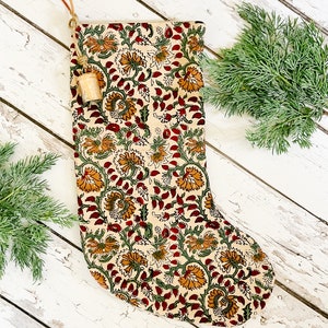 Vintage Inspired Floral Block Print Christmas Stockings  | Trendy Christmas Stocking | Modern Farmhouse Christmas Stockings | High End
