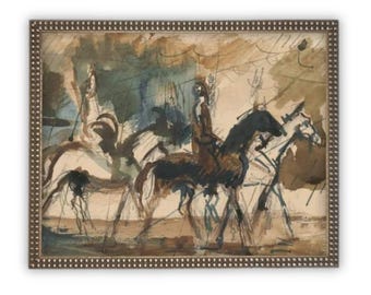 Vintage Horse and Rider Framed Canvas Art Print: Equestrian Farmhouse Decor