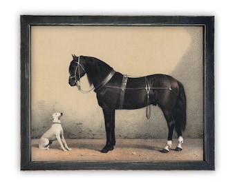 Vintage Framed Canvas Print: Horse and Dog Equestrian Art