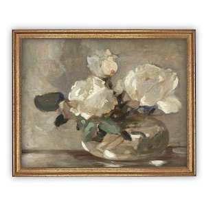 Vintage Framed Canvas Art  // Framed Vintage Floral Print // Vintage White Roses Painting // Still Life Botanical Farmhouse print //#BOT-109