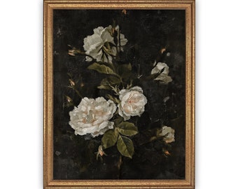 Vintage Framed Canvas Art// Framed Vintage Floral Print // Vintage White Roses Painting // Still Life Botanical / Farmhouse print //#BOT-104