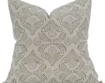 Floral Block Print Pillow Cover: Gray Olive Green Designer Fabric