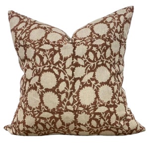 Claremont Floral Pillow Cover: Brown Rust Linen Pillow