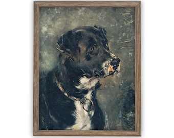 May include: A framed oil painting depicting a black dog with white markings on its chest and muzzle. The dog wears a brown leather collar with a metal ring. The background is a textured, muted gray and green wash. The frame is made of light brown wood.