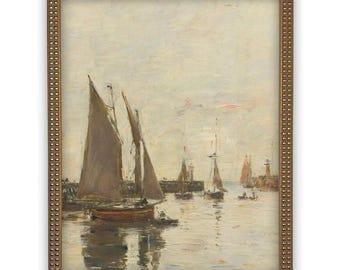 May include: A framed oil painting depicting several sailboats on calm water under a pale, overcast sky. The scene features muted tones of brown, grey, and soft orange, with visible brushstrokes capturing the reflections of the boats on the water.