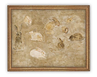 Vintage Bunnies Canvas Art Print - Framed Easter Painting