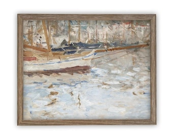May include: A framed oil painting print depicting a harbour scene with sailboats moored in calm water. The artwork features muted tones of beige, white, and soft blue, with visible brushstrokes capturing the reflections of the boats on the surface.