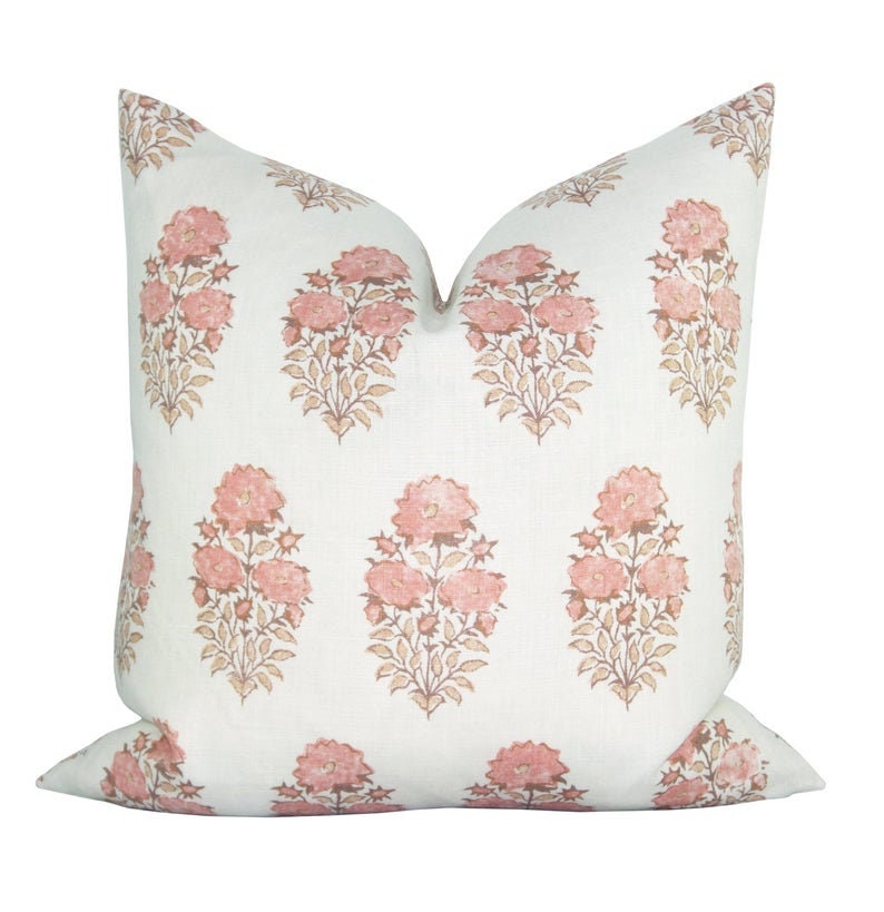 Lisa Fine Designer Pillow Cover Mughal Flower in Coral - 10 Romantic Tranquil Pink Paint Colors & Pretty Finds! #pinkdecor #interiordesign #pinkaccessories