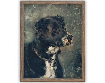 May include: A painting of a black and white dog with a brown leather collar. The dog is looking to the right and has a serious expression. The background is a muted green.