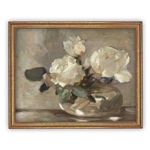 Vintage Framed Floral Canvas Art: White Roses Still Life Print