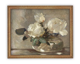 Vintage Framed Floral Canvas Art: White Roses Still Life Print