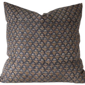 Block Print Floral Pillow Cover: Gray Mustard Linen, Modern Farmhouse