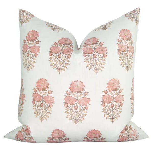 Lisa Fine Designer Pillow Cover // Mughal Flower in Coral // Pink Blush Peach Throw Pillows // Farmhouse Pillow Cover // Floral Throw Pillow