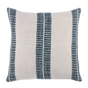 May include: Square decorative pillow with a neutral beige background and vertical stripes in a dark teal color. The stripes are made of small, evenly spaced dots, creating a textured appearance. The pillow has a simple, modern design.