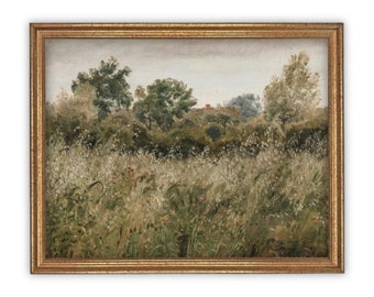 Vintage Framed Canvas Print: Meadow Landscape, Farmhouse Art