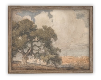 Framed Vintage Oak Tree Canvas Print: Green Landscape Farmhouse Art