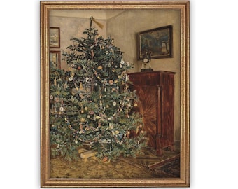 May include: An oil painting in a gold frame depicting a decorated Christmas tree in a room. The tree features ornaments and paper chains. Beside the tree stands a dark wooden cabinet with a clock on top, and framed pictures hang on the wall.