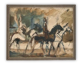 May include: A watercolour painting depicting three riders on horseback in a stylised, abstract manner. The riders are depicted in shades of brown and black, while the horses are rendered in shades of white and brown. The background is a wash of muted colours, suggesting a landscape or a scene of movement.