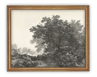 Vintage Framed Canvas Print: Black and White Tree Sketch