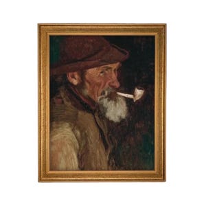 Vintage Framed Canvas Art // Framed Vintage Print // Vintage Painting // Vintage Oil Painting of a Man with Pipe // Farmhouse Art //#P-544