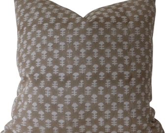 Millwood Block Print Pillow Cover: Tan White Floral Linen