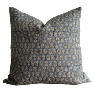 May include: A blue and cream patterned throw pillow with a geometric design. The pillow is made of a soft, textured fabric.