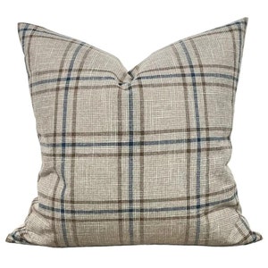 Designer "Beaumont" Plaid Pillow Cover // Brown and Blue Plaid Pillow Cover // Boutique Pillow Covers // Modern Farmhouse