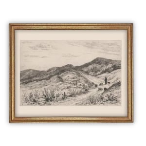 Vintage Framed Mountain Sketch Art Print on Canvas