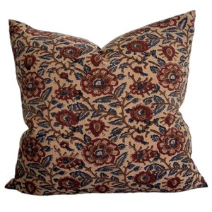 Designer "Roseburg" Block Print Floral Pillow Cover // Tan Blue Red Pillow Cover // Boutique Pillow Covers // Modern Farmhouse