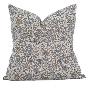 Kanan Floral Pillow Cover: Tan, Blue & Mustard Designer Fabric