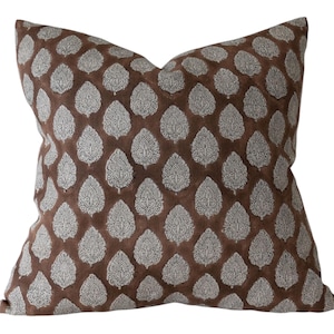 Designer &quot;Boulder&quot; Block Print Floral Pillow Cover // Natural Tan Brown Linen Pillow Cover // Boutique Pillow Covers // Modern Farmhouse
