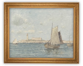 May include: An oil painting in a gold frame depicting several sailboats on a body of water with a distant coastal town featuring a tall tower and stone buildings under a pale, cloudy sky. The scene captures a maritime view with soft tones.