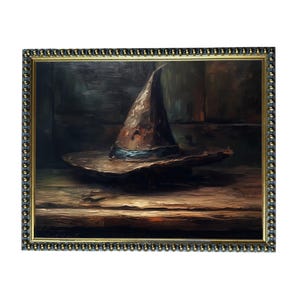 The image is a painting of a hat, possibly a witch's hat, sitting on a wooden surface.