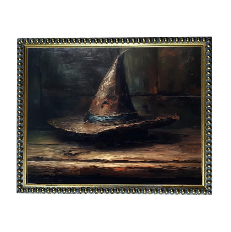 The image is a painting of a hat, possibly a witch's hat, sitting on a wooden surface.