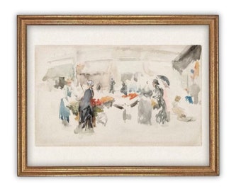 Vintage Framed Canvas Print: Muted Watercolor Landscape Art