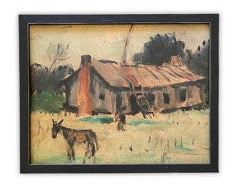 READY to SHIP 11x14  Framed Canvas Print: Barn with Donkey, Farmhouse Art