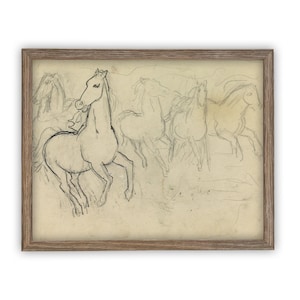 Vintage Framed Horse Sketch Art Print: Farmhouse Canvas