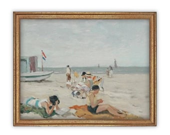 May include: An oil painting in a gold frame depicting a beach scene with several figures resting on the sand. A small boat with a red, white, and blue flag sits near the water. The figures are dressed in light clothing, and the sky is overcast.