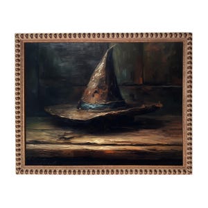 The image is a painting of a hat, possibly a witch's hat, sitting on a wooden surface.