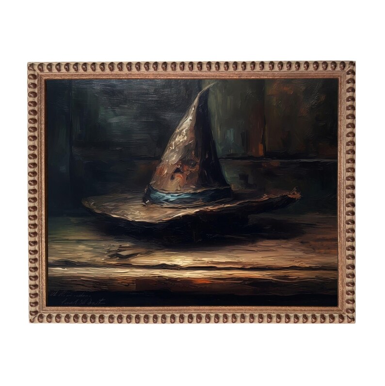 The image is a painting of a hat, possibly a witch's hat, sitting on a wooden surface.