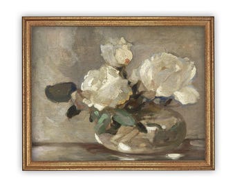 Vintage Framed Floral Canvas Art: White Roses Still Life Print