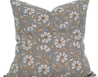 Designer "Atherton" Surana Blue Brown Pillow Cover // Floral Block Print Pillow Cover // Modern Farmhouse // Boho Pillows