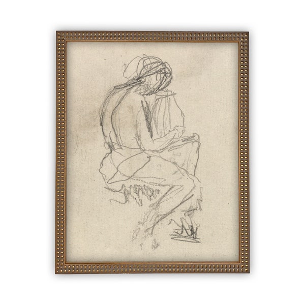 Vintage Framed Canvas Art // Framed Vintage Print // Vintage Painting // Vintage Portrait Sketch // Neutral Framed Sketch //#P-531