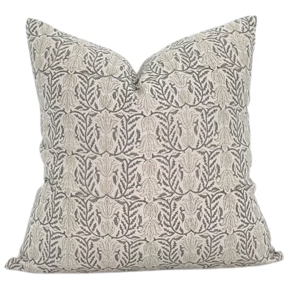 Floral Block Print Pillow Cover: Gray Olive Designer Linen
